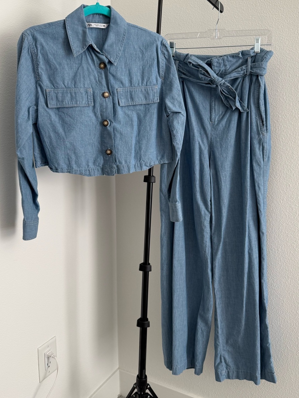 Zara Lightweight Blue Denim Cropped Top & Paperbag Wide-Leg Pants